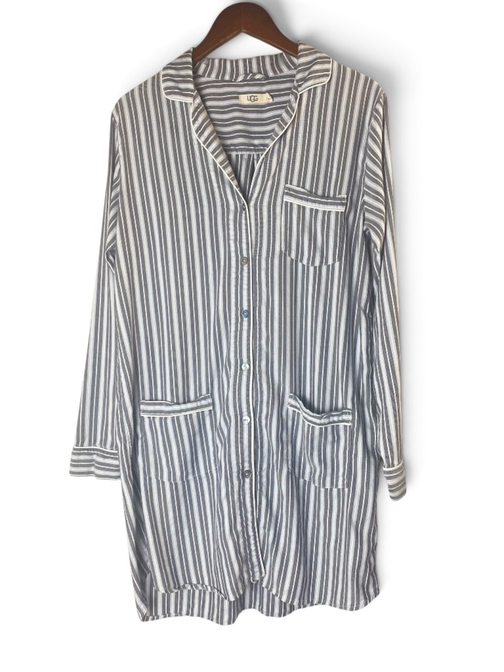 UGG Laura Striped Sleep Shirt Nightshirt Blue White Button Front Size M - Picture 2 of 8